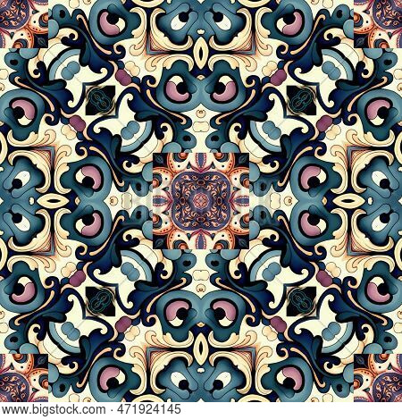Ornamental Victorian Seamless Wallpaper In Roccoco Style. Repeat Tile Of Ornate Botanical Baroque De