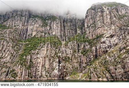 Norway Lysefjord Teast Of Stavanger, Beyond The Hogsfjord. Sheer Rock Walls Rise To Over 3000ft Abov