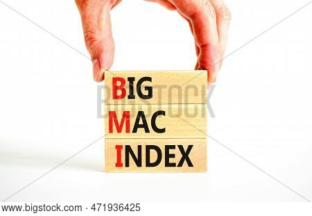 Bmi Big Mac Index Symbol. Concept Words Bmi Big Mac Index On Wooden Blocks On A Beautiful White Tabl