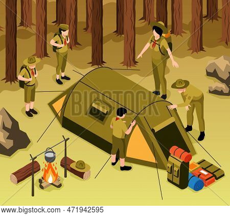 Young Scouts Setting Up Camp Tent In Forest For Rest Stop Under Guidance Of Adult Coaches Isometric 