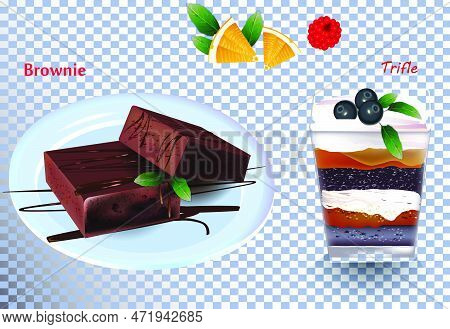 Set Of Desserts With Berries, Trifle And Cakes. Isolated Vector Graphics