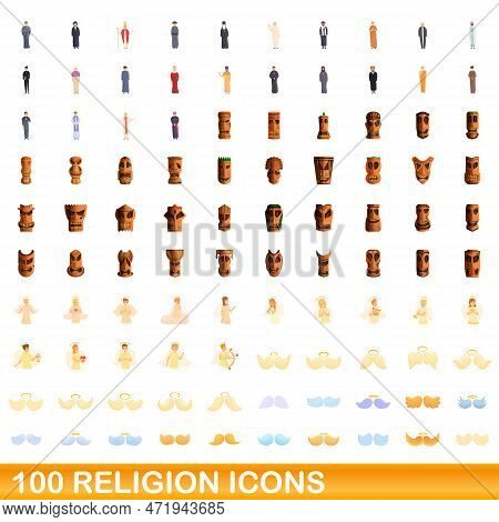100 Religion Icons Set. Cartoon Illustration Of 100 Religion Icons Set Isolated On White Background