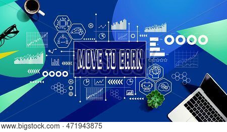 Move To Earn Theme With A Laptop Computer On A Blue And Green Pattern Background