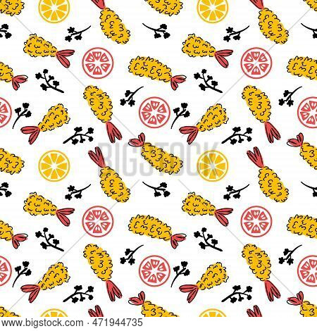 Ebi Furai Doodle Seamless Pattern With Grilled Shrimp And Vegetables. Perfect Print For Tee, Paper, 