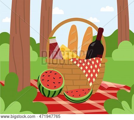 Picnic Basket On The Meadow In The Forest Spring Or Summer Vector Illustration In Flat Style