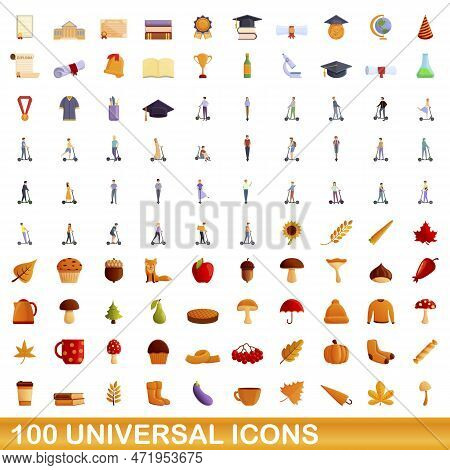 100 Universal Icons Set. Cartoon Illustration Of 100 Universal Icons Set Isolated On White Backgroun