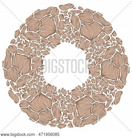 Vector Round Frame Of Dray Clay Stones And Copy Space. Earthquake Danger. Circle Clipart Smashed Ear
