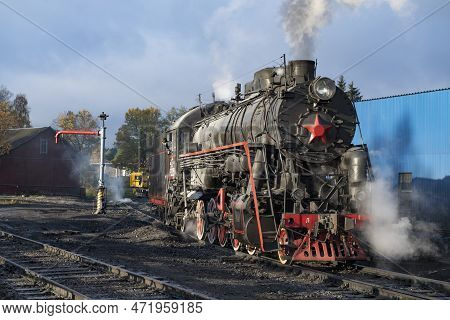 Sortavala, Russia - October 09, 2022: Old Soviet Steam Locomotive L-3051 (l Series, Lebedyanka) On T