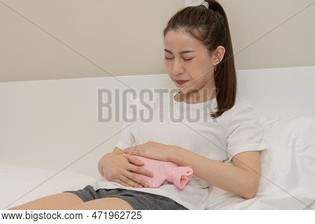 Menstruation, Period Cycle Of Monthly, Hurt Asian Young Woman, Female Hand In Stomachache, Suffer Fr