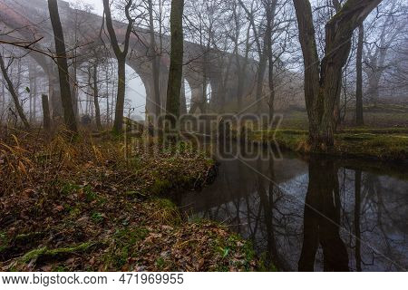 Old Concrete Railway Bridge In Stanczyki. Foggy Morning. Mazury, Poland