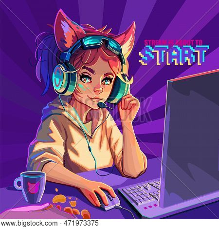 Girl Gamer Or Streamer With Cat Ears Headset Sits At A Computer.
