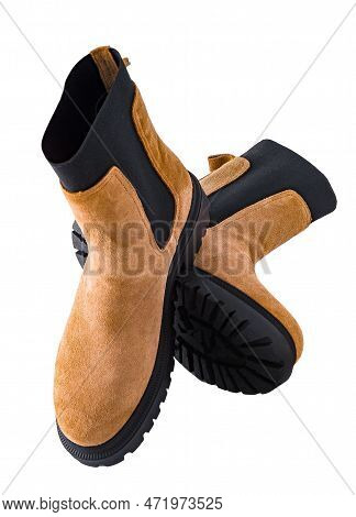 A Pair Of New Fashionable Boots With Thick Tractor Soles. Suede Leather Shoes. Beige Brown Boots Iso