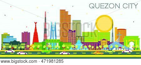 Quezon City Philippines City Skyline With Color Buildings And Blue Sky. Vector Illustration. Busines