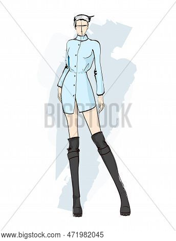 Beautiful Young Girl In Stylish Clothes. Fashion Woman Look. Sale Concept. Hand-drawn Fashion Illust