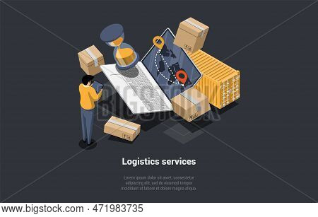 Warehouse, Logistics Service, Self Storage Unit Concept. Character Is Working In Warehouse With Card