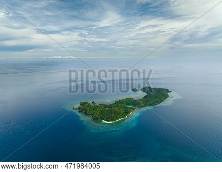 Top View Of Tropical Island In The Blue Sea With Sandy Beach. Danjugan Islands, Philippines.