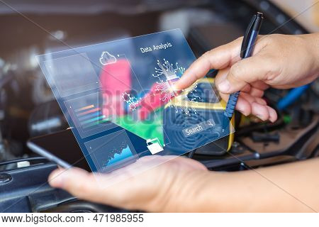 Ai And Technology Analyze Data Concept , Man Point On Screen With Management In Car Service Analyze 