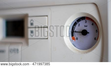 Gas Pressure Meter On The Panel Of The Heating Gas Boiler. Symbolic Image Of The Heating Season At H