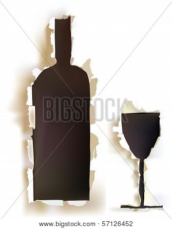 Bottle of wine and glass, Ripped paper design for restaurant menu