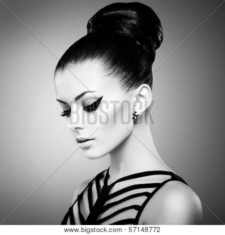 Portrait Of Beautiful Sensual Woman With Elegant Hairstyle.  Perfect Makeup