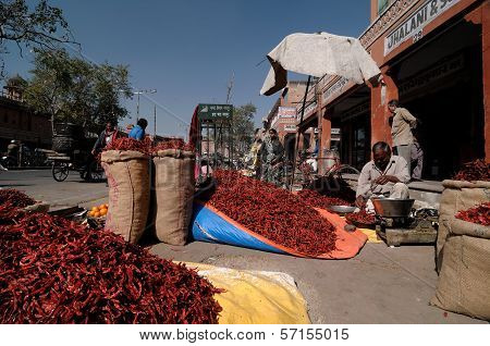 Street Stall With The Red Pepper In India