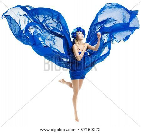 Woman In Blue Flower Crown In Chiffon Waving Fabric Flying wings Over White
