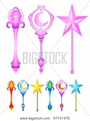 Vector set of magic wands in different colors
