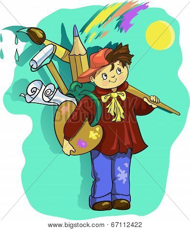 Cartoon artist boy Vector clip art illustration with  brush