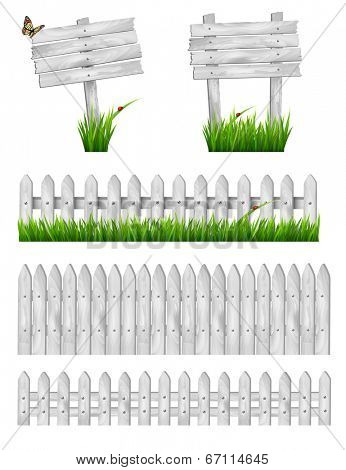 Set of white wooden signs and a fences with grass. Vector 