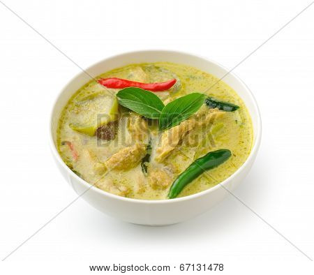 Thai Food Chicken Green Curry In The White Bolw On White Background