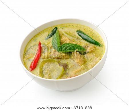 Thai Food Chicken Green Curry In The White Bolw On White Background