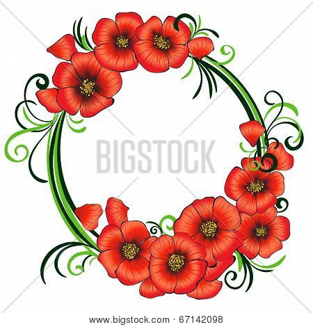 Floral frame with red poppies and green swirls.