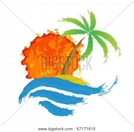 Tropical palm on island with sea. Vector illustration.