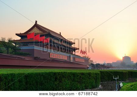 BEIJING, CHINA - APR 6: Tiananmen sunrise on April 6, 2013 in Beijing, China. Tiananmen is a famous monument in Beijing and serves as a national symbol.