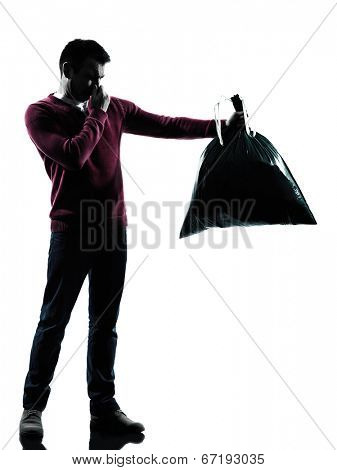 man dumping smelly garbage bag in silhouettes on white background