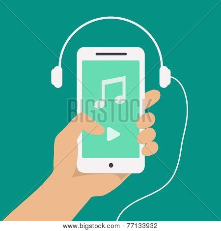 hand and smartphone with music player app