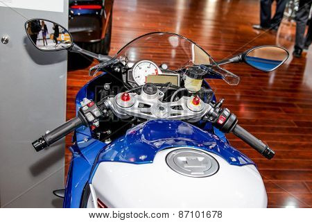 NEW YORK - APRIL 1: BMW exhibit 2015 BMW S 1000 RR at the 2015 New York International Auto Show during Press day,  public show is running from April 3-12, 2015 in New York, NY.