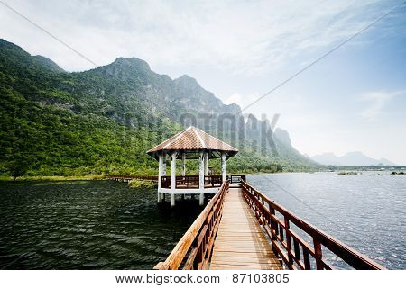The Wooden Bridge In Lotus Lake And Wood Waterfront Pavilion, At Khao Sam Roi Yot National Park In T