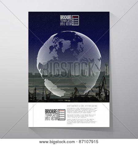 Shipyard and city landscape, night design, world globe vector. Brochure, flyer or report for busines