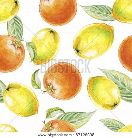 Watercolor seamless pattern of lemon and orange fruits. Vector illustration of citrus fruits. Eco fo
