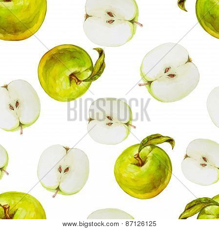 Watercolor seamless pattern with green apples. Hand drawn design. Vector summer fruit illustration.