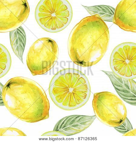 Watercolor seamless pattern of lemon fruit. Vector illustration of citrus fruits. Eco food illustrat