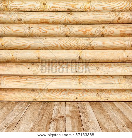 Log Wall Of Yellow Pine And Wooden Floor