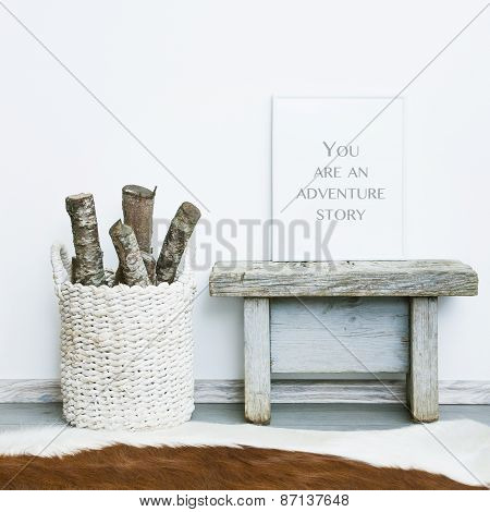 Wooden Frame You Are An Adventure Story. Hipster Scandinavian Style Room Interior. Busket With Firew