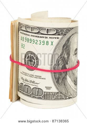 Hundred dollar bills rolled up with rubberband