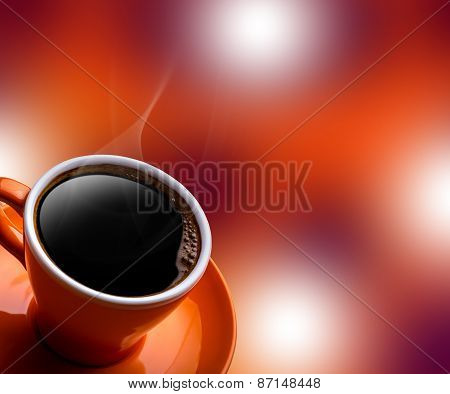 Cup of black coffee on bokeh background. Banner of a cup of coffee