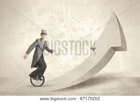 Happy business man riding a monocycle up on an arrow concept