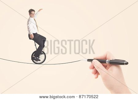 Businessman riding monocycle on a rope drawn by hand concept