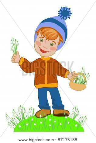Boy picking snowdrops