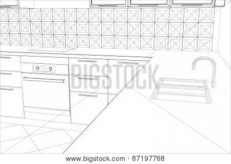 bstract sketch design interior kitchen. Illustration created of 3d